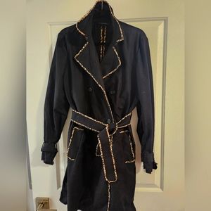 Black trench coat leopard trim